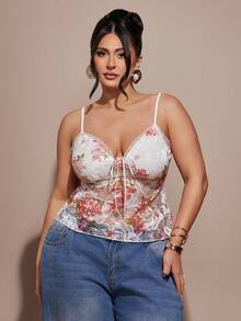 SHEIN BAE Plus Size Women's New Pink Lace Floral Fitted Sexy Elegant Party Camisole - Pink - View 5