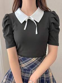 FRIFUL 女士春夏短袖撞色抽绳蝴蝶结时尚修身百搭T恤 - 灰色 - 查看 5