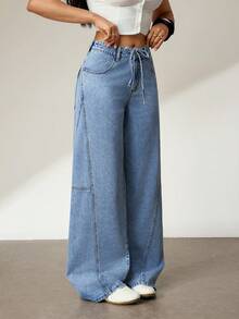 Flexra Quần maxi denim nữ màu xanh nhạt dáng rộng, thoải mái. - Rửa nhẹ - Xem 4