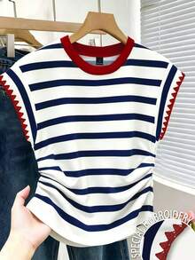 Resyla Top de cintura para mujer con bordado de concha, rayas y contraste de color, versátil - Multicolor - Ver 1