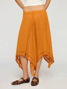 COUREZ Falda midi con volantes y bajo de pañuelo transparente / Conjuntos de verano Y2K para mujer Faldas de ganchillo Faldas largas Faldas de verano Atuendos para salir Atuendos de festival Ropa de verano para mujer - Naranja - Ver 5