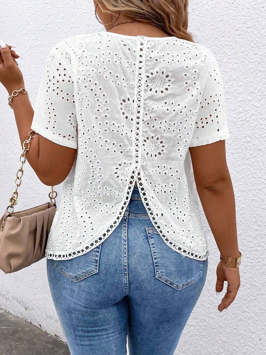 SHEIN PETITE CURVE 大码百搭刺绣衬衫 - 白色 - 查看 1