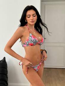 Vecteezy Bộ bikini dây buộc gợi cảm họa tiết da báo phối hoa tương phản dành cho nữ, thời trang nghỉ mát mùa hè. - Đen và trắng - Xem 5