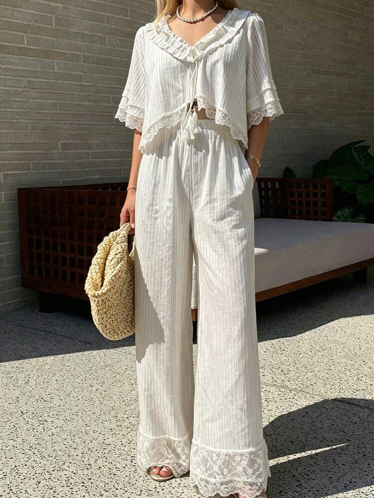 Women's Casual Solid Color Lace Patchwork V-Neck Ruffle Sleeve Top And Pants 2-Piece Set Lounge Sets For Women