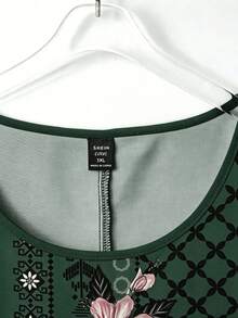 SHEIN Áo sơ mi ngắn tay in họa tiết phong cách retro thường ngày dành cho nữ cỡ lớn, thích hợp cho mùa hè. - màu xanh lá - Xem 5