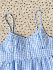 SHEIN Tween Girls Blue Plaid Camisole, Elegant Solid Color Ruffle Trim Camisole, Suitable For Summer, Vacation, Casual, Home, - Blue and White - View 13