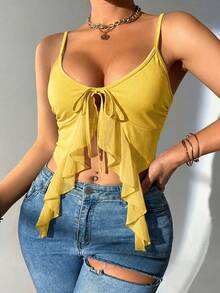 Glamine Women's Ruffle Mesh Patchwork Tie-Front Camisole - Yellow - View 5