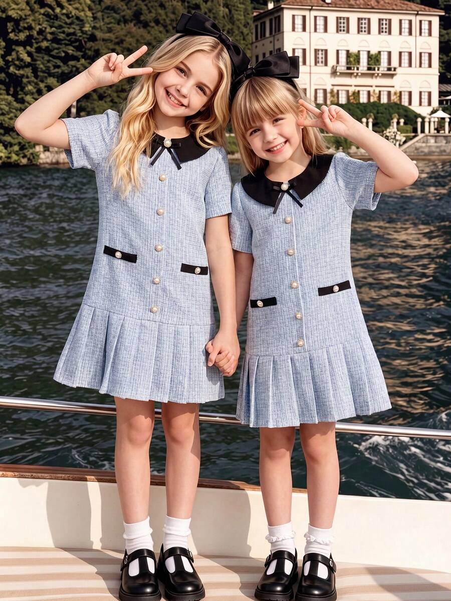 Elladie kids 1件少女夏季新款蓝色拼接黑色领口和下摆抽绳短袖开衫连衣裙,简约休闲宽松甜美学院风 - 藍色 - 查看 1
