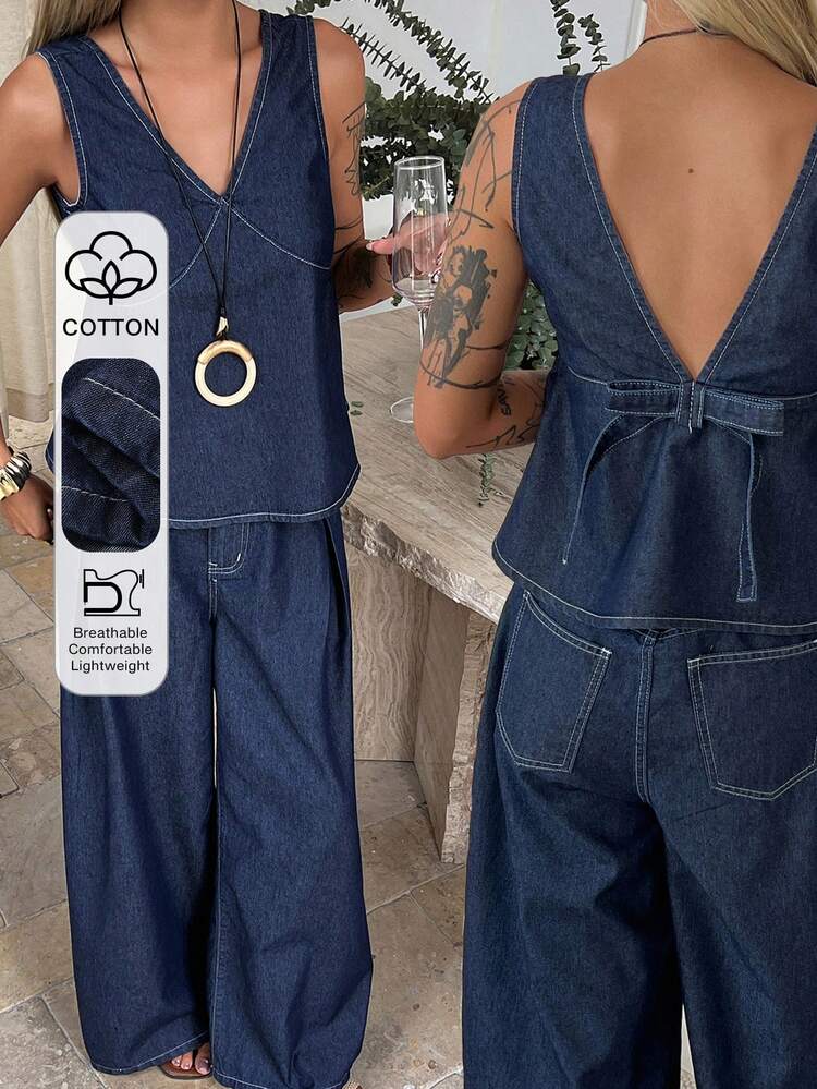 Women's V-Neck Sleeveless Tank Top And Loose Wide-Leg Jeans Casual Vacation Suit Summer