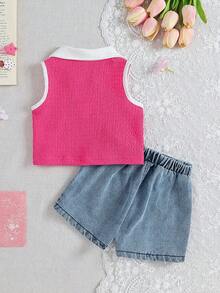 SHEIN Playful Pals 2件組女嬰粉色夏季可愛度假風領口無袖蝴蝶結刺繡桃紅色V領背心彈性腰淺藍色短褲休閒套裝 - 玫紅色 - 查看 2