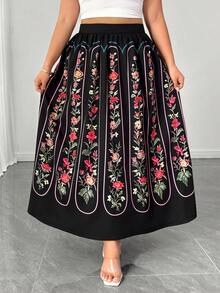 SHEIN Clasi Plus Size Vintage 70's Floral Pattern Elegant Skirt, Summer Party Black - Multicolor - View 3