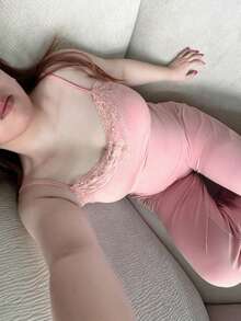 Dazy Plus Plus Size Women Solid Color Lace Patchwork Camisole Top And Pants Pajama Set, Pink, Spring/Summer - Pink - View 9