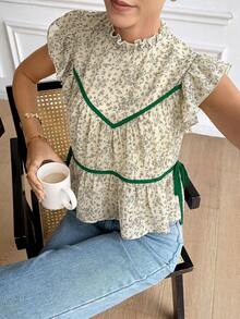 Serisse Women's Summer Casual Ditsy Floral Ruffle Hem Blouse - Green - View 5