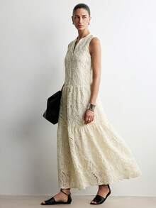 Aalyst Vestido de estilo francés elegante y minimalista para mujer, de nueva llegada para primavera/verano. Vestido largo de línea A con cuello en V sin mangas, de tela jacquard color albaricoque, para uso diario, ir al trabajo y reuniones - Albaricoque - Ver 6