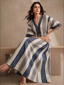 Anewsta Loose V-Neck Printed Beach Dress, Navy Blue And White, Vacation Style, Autumn Boho - Royal Blue - View 4