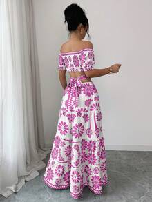 Elenzga Robe longue vintage à épaules dénudées, manches courtes, style ajouré, pour l'été - Prune - Voir 2