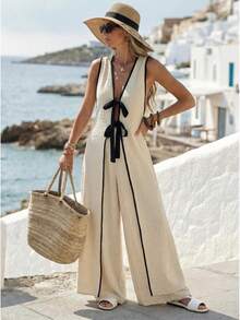 Breezaya Bộ đồ 2 mảnh mùa hè phong cách Bohemian cho nữ, áo vest dài không tay phối màu tương phản thắt nơ và quần ống rộng, bộ đồ hai mảnh thường ngày, váy đi nghỉ mát cho nữ, váy đi nghỉ mát gợi cảm, áo liền quần mùa hè, áo liền quần hở lưng, váy hè hở lưng, váy quấn cho nữ, váy cỡ XS cho nữ, váy đi du thuyền, trang phục đi biển cho nữ, trang phục đi biển cho nữ, áo khoác ngoài, trang phục nghỉ dưỡng, váy đi nghỉ mát cho nữ, áo liền quần cho nữ, áo liền quần thường ngày cho nữ, bộ đồ đi nghỉ mát mùa hè cho nữ, trang phục mùa hè cho nữ, váy đi biển. - Màu be - Xem 6