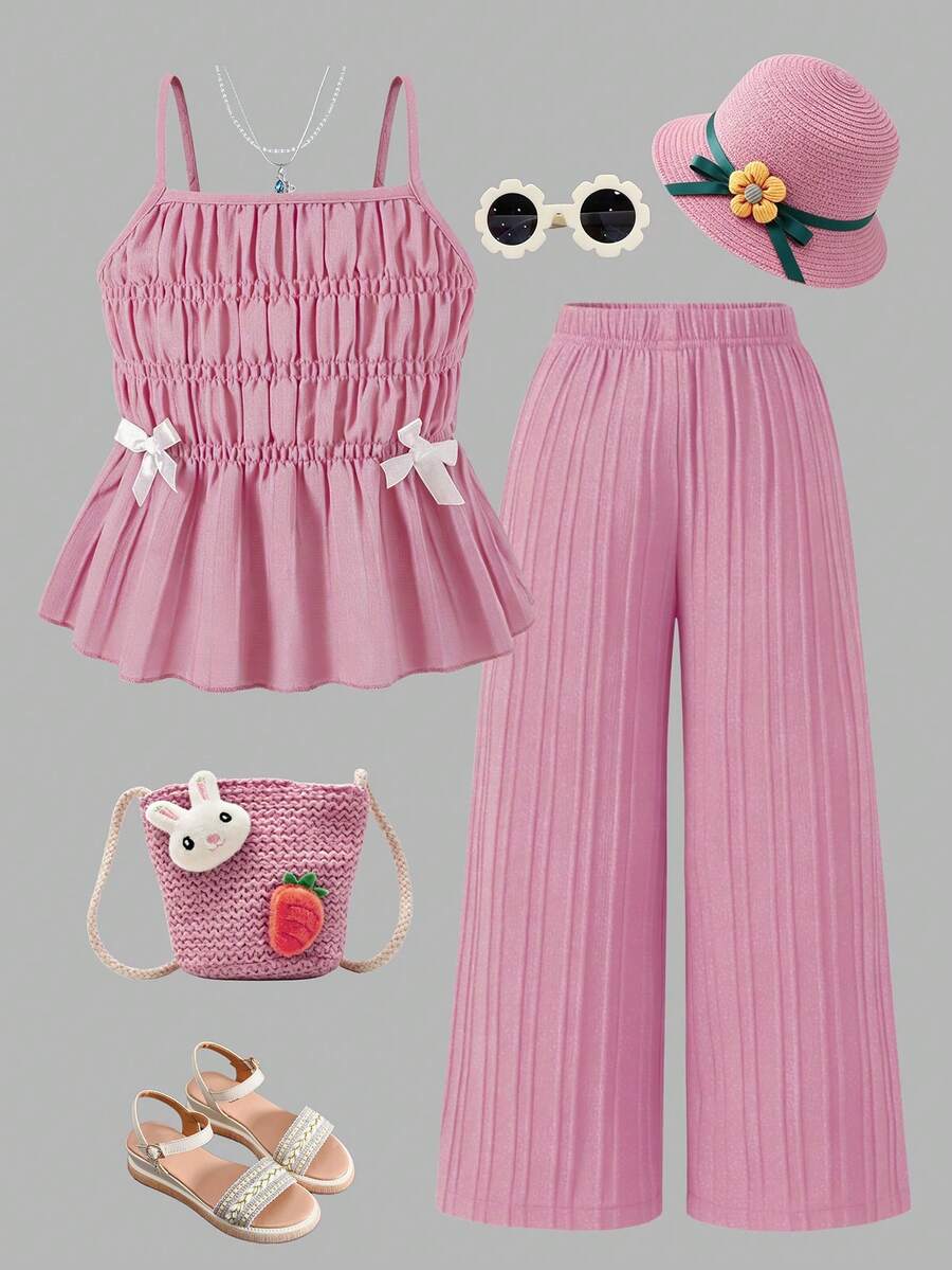 Souflis Souflis Setelan Camisole dan Celana Panjang Lebar Motif Garis-garis Manis dan Lucu untuk Anak Perempuan, Musim Panas