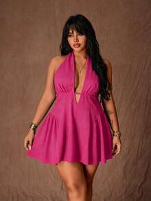 Rustia Plus Size Sexy Chic Deep V-Neck Halter Tie Waist Slim Fit Dress - Hot Pink - View 4