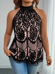 EMERY ROSE Blusa elegante de estilo francés con cuello alto, de tela de encaje y forro contrastante, para uso diario en primavera/verano/otoño, talla grande - Rosa - View 7