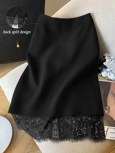 SHEIN Tall CURVE 大码纯色简约设计蕾丝拼接夏季半身裙