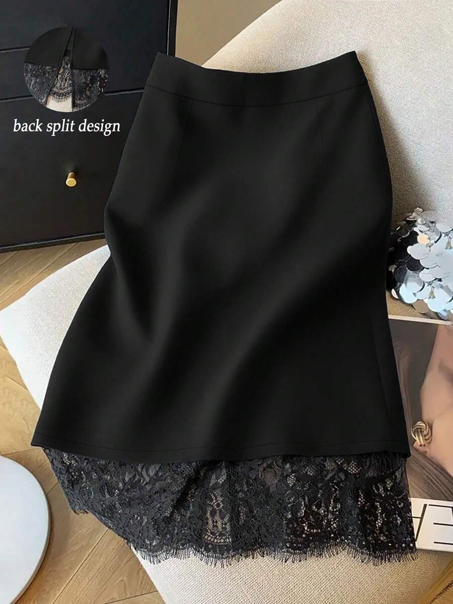 SHEIN Tall CURVE 大码纯色简约设计蕾丝拼接夏季半身裙 - 黑色 - 查看 1