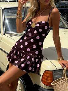 SHEIN EZwear Đầm nữ cổ chữ V không tay màu nâu nhạt chấm bi hồng, trang trí họa tiết hoa xếp ly, viền bèo nhún, phong cách nghỉ dưỡng bãi biển Pháp thanh lịch, gợi cảm cho tiệc tùng, lễ hội âm nhạc, hẹn hò Valentine, đầm ngắn lãng mạn thường ngày cho mùa xuân/hè. - Nhiều màu - Xem 3