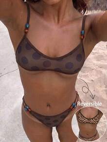 Swim Vcay Bộ đồ bơi mùa hè dành cho nữ, thanh lịch, lãng mạn, thoải mái, gợi cảm, màu nâu, họa tiết da báo, chấm bi, in hai mặt, kiểu dáng đa năng, bikini quây ngực siêu nhỏ, trang trí đính hạt tương phản, thích hợp cho bãi biển, khu nghỉ dưỡng, spa, lễ hội âm nhạc, tuần trăng mật và các dịp thư giãn. - Nhiều màu - Xem 2