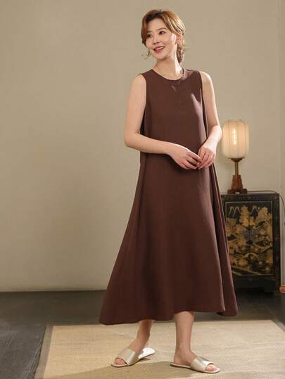 DAZY Women's Solid Color Round Neck Casual Sleeveless Lounge Dress