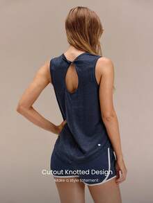 GLOWMODE TENCEL™-Linen Max Motivation 及臀长度常规版型 A 字扭结镂空圆领背心，适合度假、夏季旅行、海滩日常休闲穿着 - Dark Blue - 查看 4