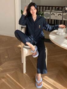 Dazy Tall 高个女式格子刺绣领衬衫和裤子休闲两件套家居服套装 - 藏蓝色 - 查看 6