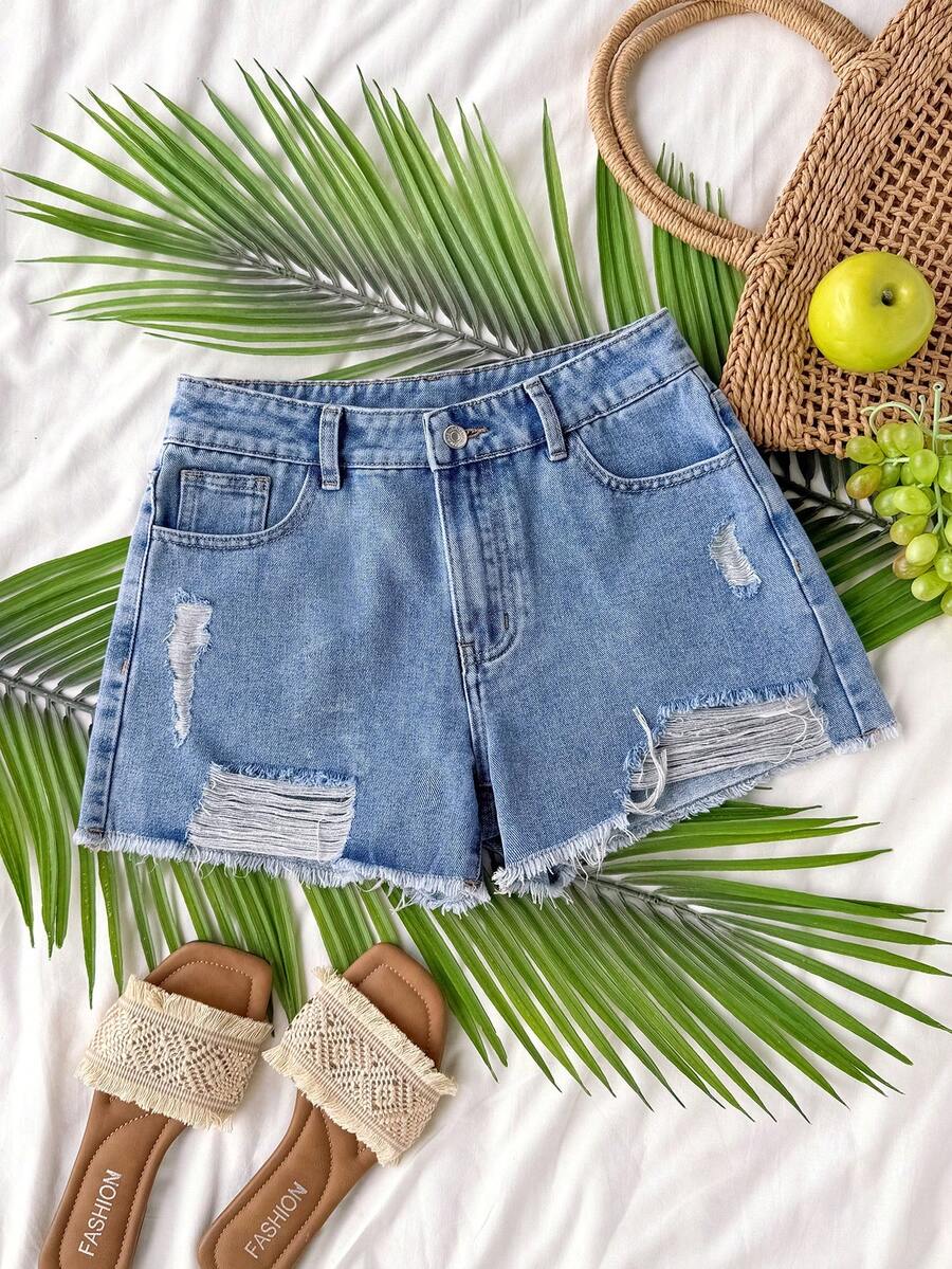 SHEIN WYWH Quần short denim rách tua rua dành cho nữ, có đai, kiểu dáng thường ngày mùa hè. - Rửa nhẹ - Xem 1