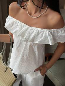 DAZY 女士夏季露肩纹理面料休闲套头衫 - 白色 - 查看 5