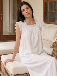 Doze Lane 100% Cotton Soft & Comfortable Ruffled Bow Tie Sleepwear Dress For Women - White - View 5