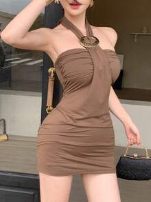 DAZY 女士纯色简约日常穿搭露背迷你连衣裙/吊带连衣裙 - 咖啡 - 查看 7
