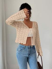 Flora Isola Flora Isola Women's Elegant Tie-Front Hollow Out Cardigan - Khaki - View 4