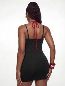 ROMWE Avant 复古吊带网眼拼接二合一数字针织性感紧身迷你连衣裙 - 黑色 - 查看 5