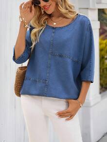 EMERY ROSE Damen Große Größen Sommer Lässig Jeansbluse - Babyblau - Übersicht 4