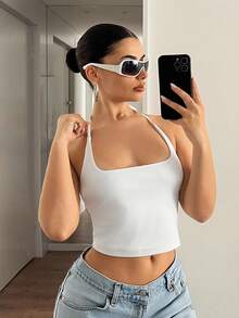 SHEIN Tall CURVE 大码女式白色性感纯色吊带背心 - 白色 - 查看 3