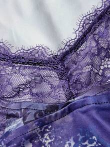 ROMWE Goth Boho Vacation Casual Purple Contrast Lace Ruched Waist Fitted Women T-Shirt - Purple - View 3