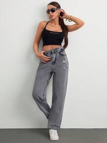 Casual Low Waist 90's Baby Blue Denim Wide Leg Jean - Grey - View 4