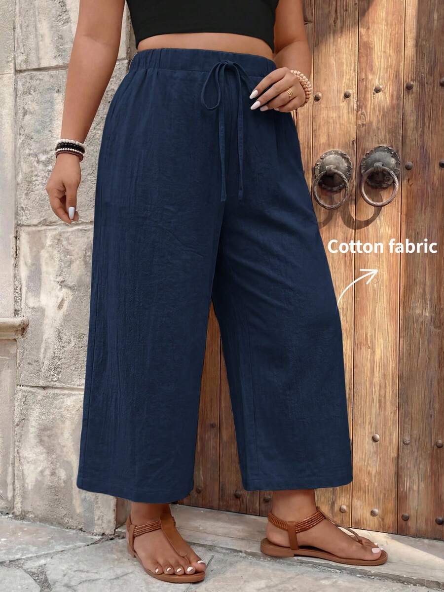 SHEIN Frenchy Pantalon capri kaki grande taille pour femmes, polyvalent pour le port quotidien et les déplacements, pantalon décontracté court - Bleu azur - Voir 1
