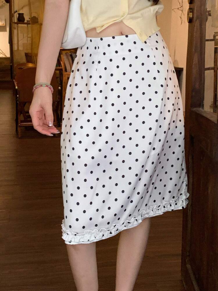 Polka Dot Frill Trim Elegant Vacation Casual Summer Knee-Length Skirt For Women
