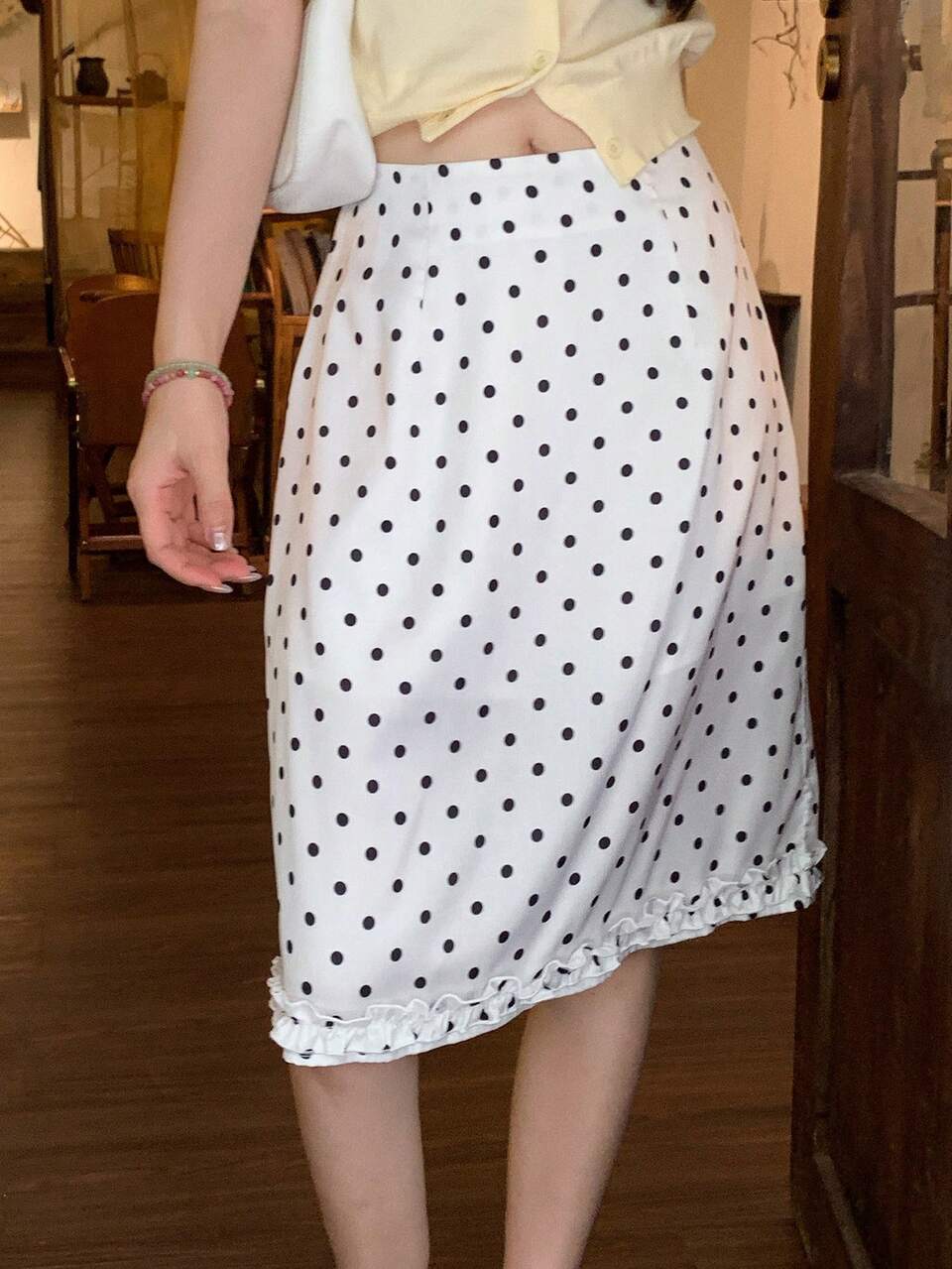 Polka Dot Frill Trim Elegant Girlisim Vacation Casual Autumn Knee-Length Skirt For Women Golf Pastal
