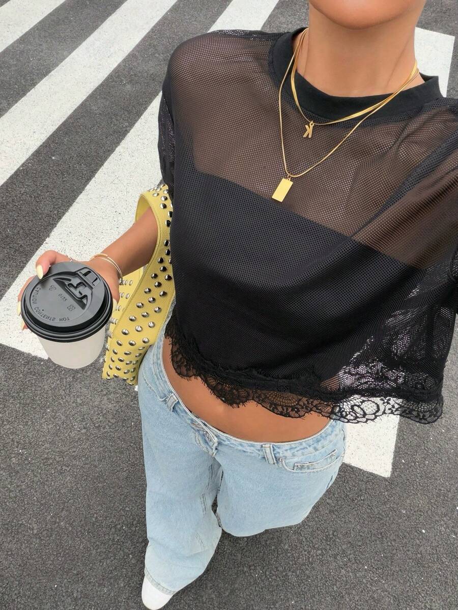 Muchica Áo croptop nữ gợi cảm, thoải mái, màu đen xuyên thấu, chất liệu lưới và ren, phối cùng áo ren. - màu đen - Xem 1