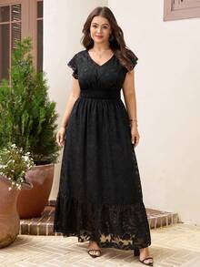 SHEIN LUNE 大码女式V领印花简约长款休闲连衣裙，波西米亚风夏季休闲装，复古富家女夏季穿搭，春假狂欢派对穿搭，音乐节春假穿搭，2025仲夏日穿搭，毕业礼服，婚礼宾客礼服，女士度假穿搭，女士沙滩装，女士节日吊带裙，女士生日礼服 - 黑色 - 查看 4