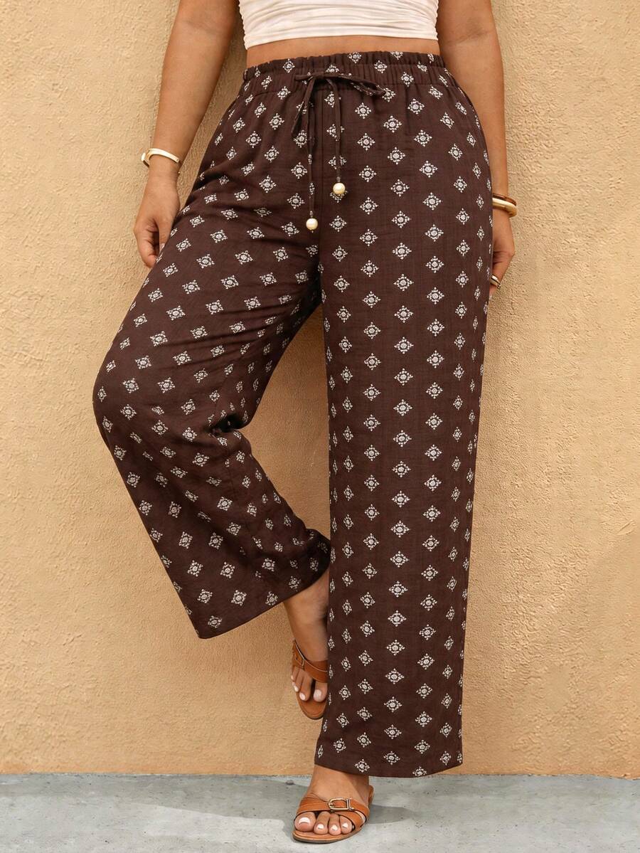Elaquor Pantalones casuales con estampado talla grande, pantalones de yoga, pantalones de mujer, pantalones impresos - Café integral - Ver 1