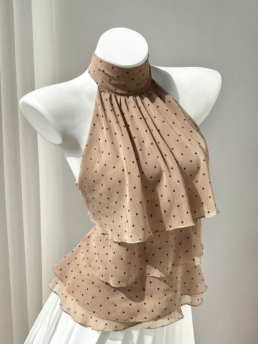 Elamini Blusa con cuello de volantes con estampado de lunares para mujer - Caqui - Ver 1