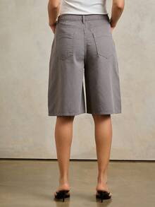 Rouah Damen Einteiler Strapazierfähige Baumwolle Denim Mittlere Taille Lässige Silhouette Fünf-Taschen-Stil Knie-Länge Gewaschen Grau Urban Resort Bermuda Shorts für Casual Wochenende Frühling Sommer - Kaffeebraun - Übersicht 2