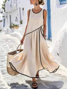 SHEIN PETITE Đầm nữ mùa hè tối giản không tay viền đen, đầm xòe xếp ly màu be, đa năng cho công sở và kỳ nghỉ, họa tiết hình học thanh lịch, đầm xòe rộng, tôn dáng, đầm hai dây viền gấu, đầm chữ A vạt không đều, trang phục công sở sang trọng, thân thiện với da, thiết kế không tay cổ tròn cổ điển, tươi mát và sành điệu, che phủ hông và tôn dáng, đầm đa năng cho kỳ nghỉ và hẹn hò hàng ngày. - Màu be - Xem 2